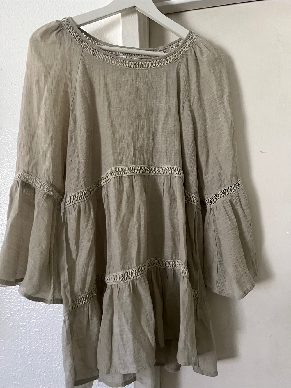 Spense Light Taupe Tiered Boho Tunic with Crochet Trim
